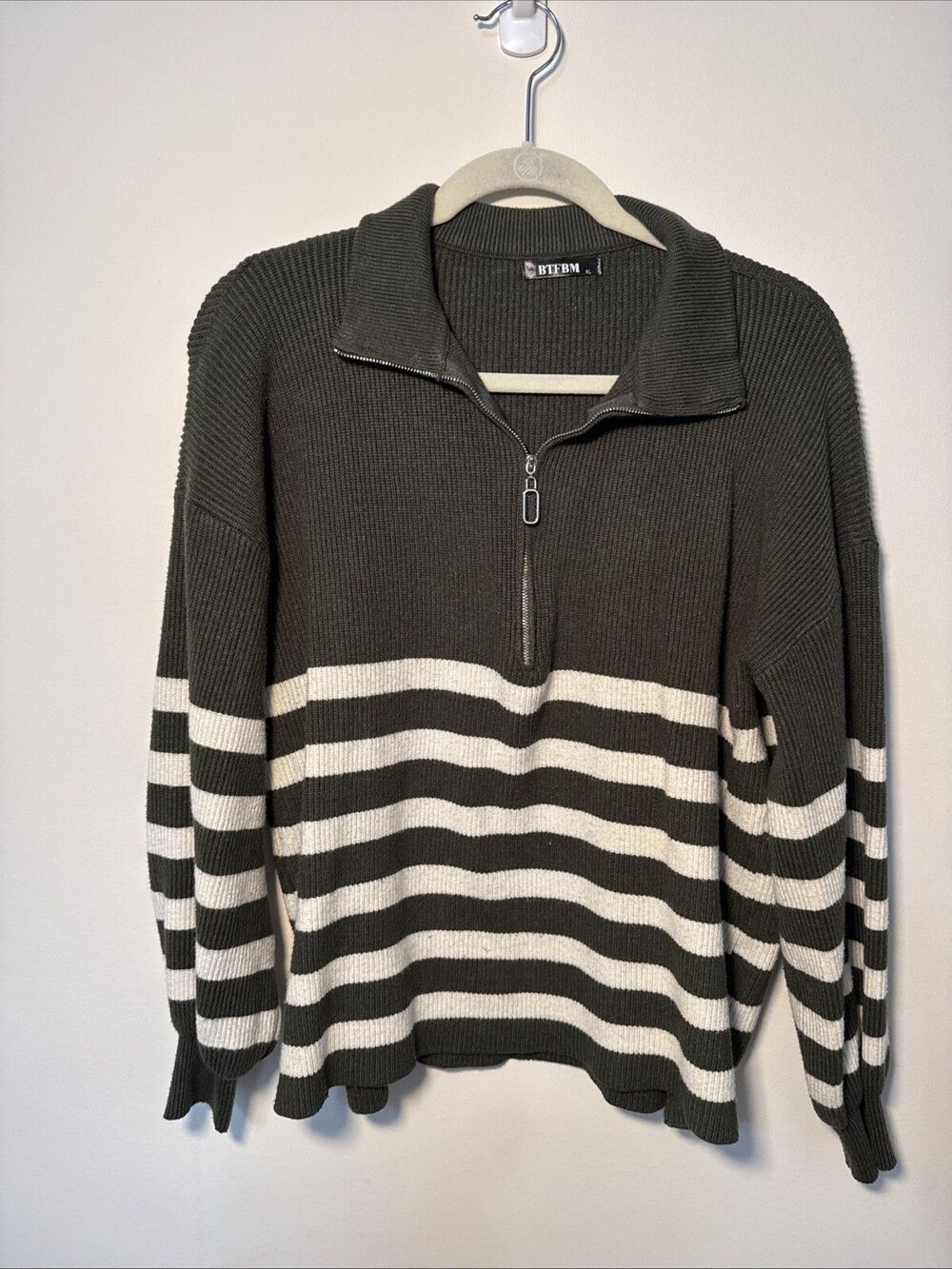 Amazon BTFBM Green with White Stripes 3/4 Zip Sweater - XL